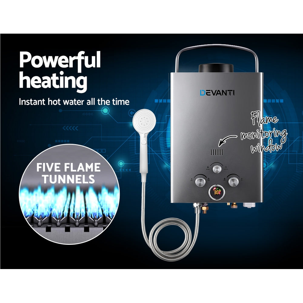 Devanti Portable Gas Water Heater 8L/Min With Pump LPG System Grey-3