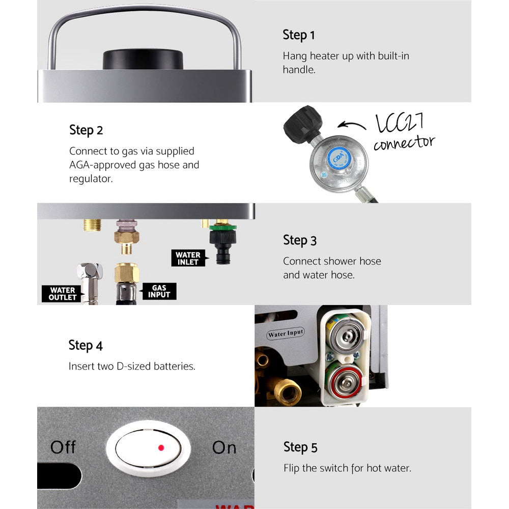 Devanti Portable Gas Water Heater 8L/Min With Pump LPG System Grey-5