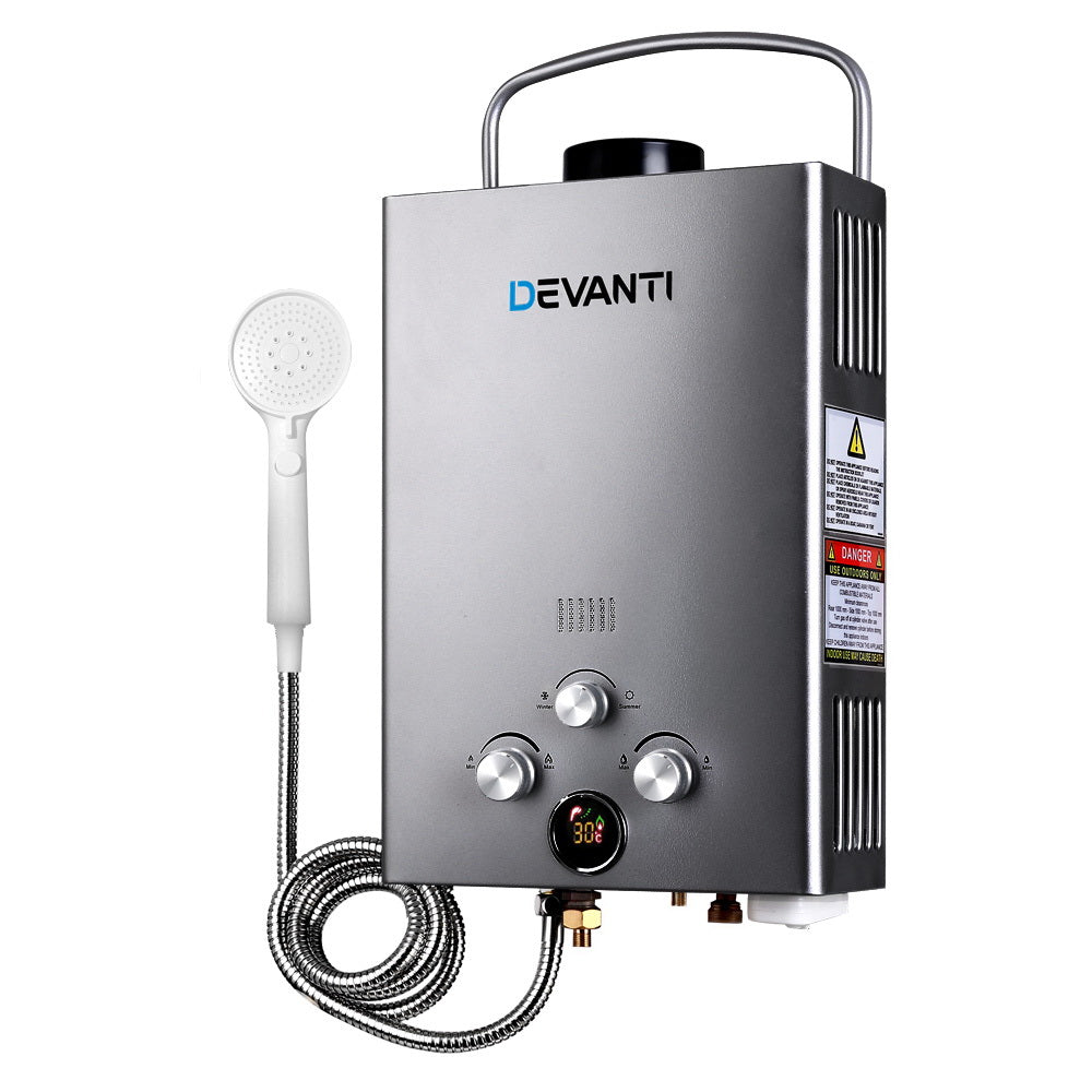 Devanti Portable Gas Water Heater 8L/Min LPG System Grey-0