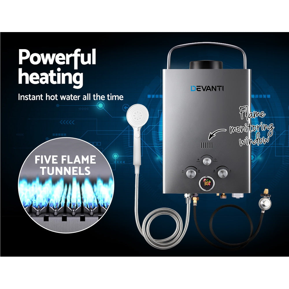 Devanti Portable Gas Water Heater 8L/Min LPG System Grey-4