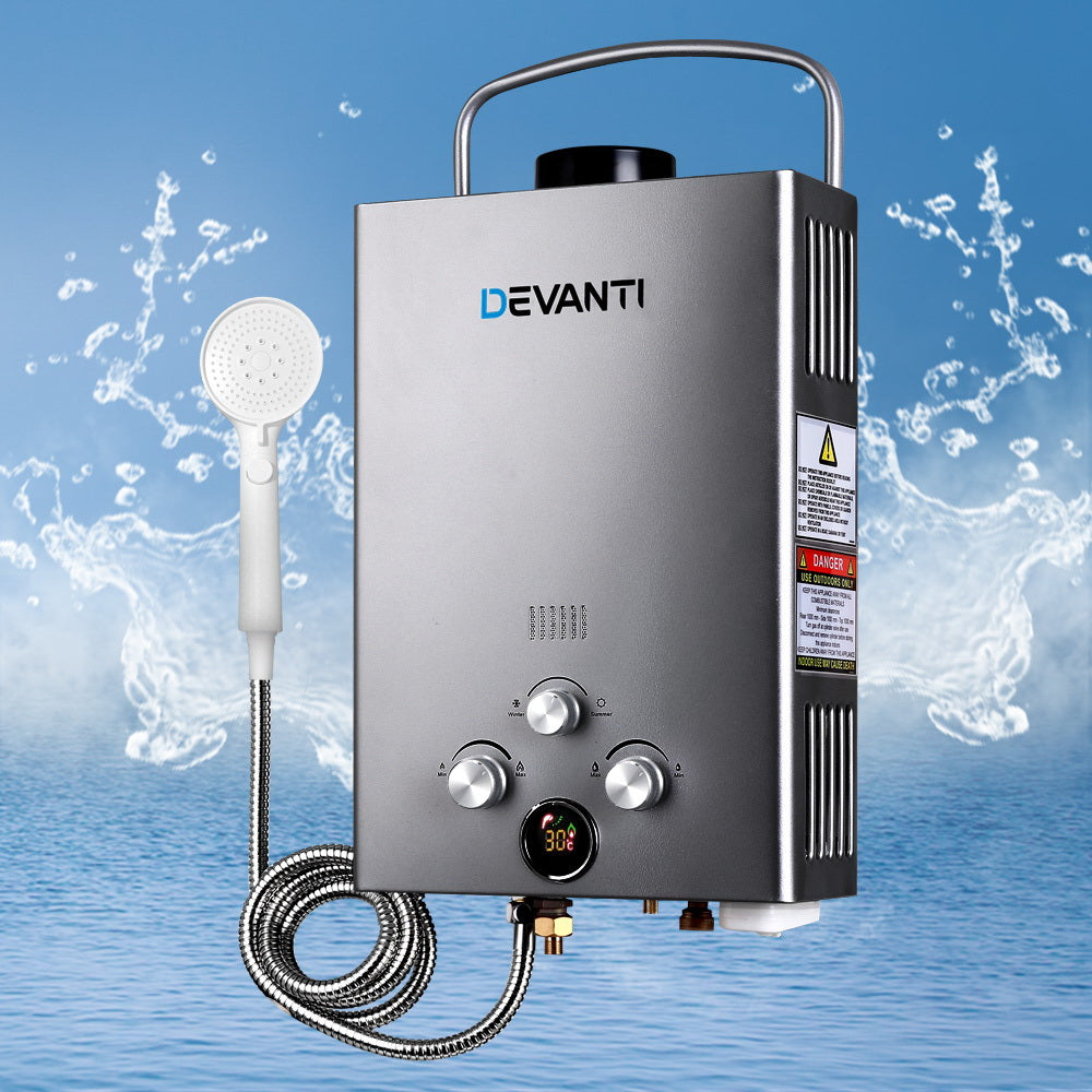 Devanti Portable Gas Water Heater 8L/Min LPG System Grey-7