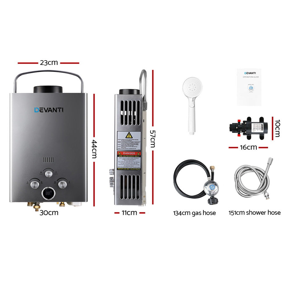 Devanti Portable Gas Water Heater 8L/Min With Pump LPG System Grey-1