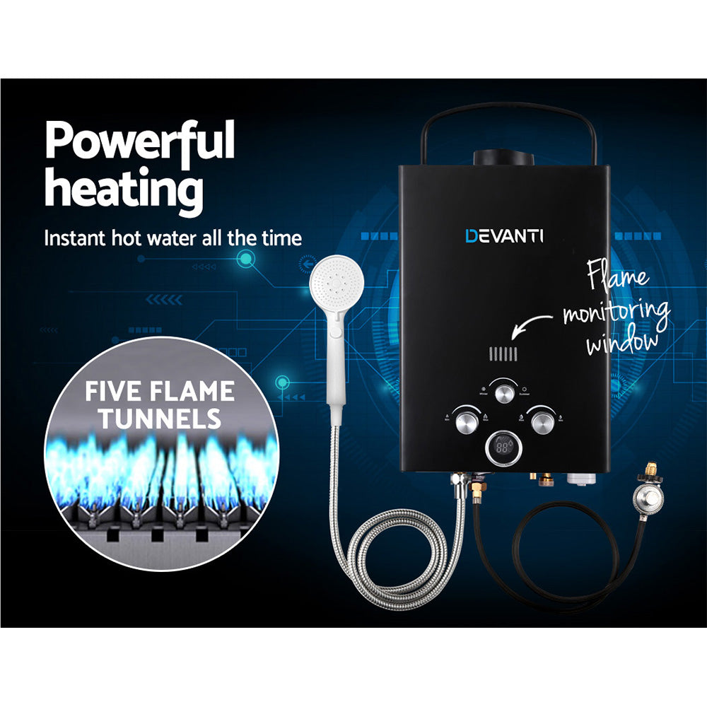 Devanti Portable Gas Water Heater 8L/Min LPG System Black-4
