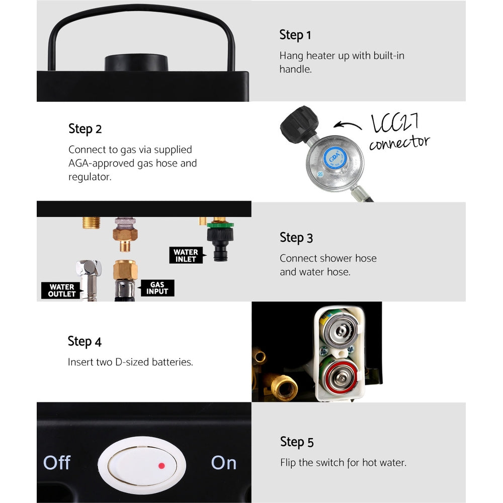 Devanti Portable Gas Water Heater 8L/Min LPG System Black-6