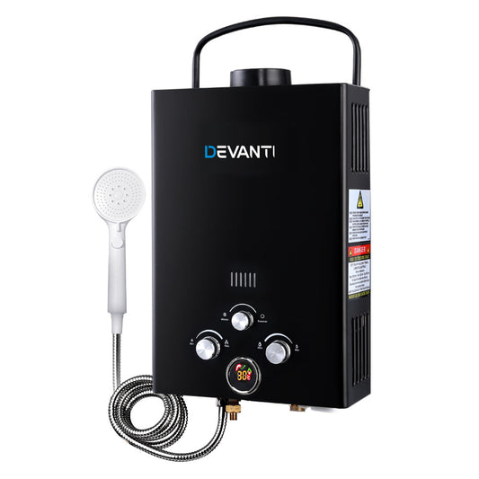 Devanti Portable Gas Water Heater 8L/Min With Pump LPG System Black-0
