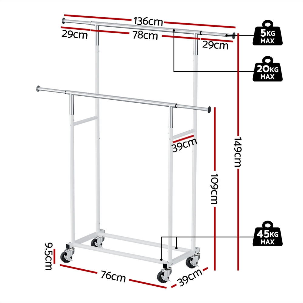 Artiss Clothes Rack Double Rod Airer Rail Coat Stand Adjustable Hanger-1