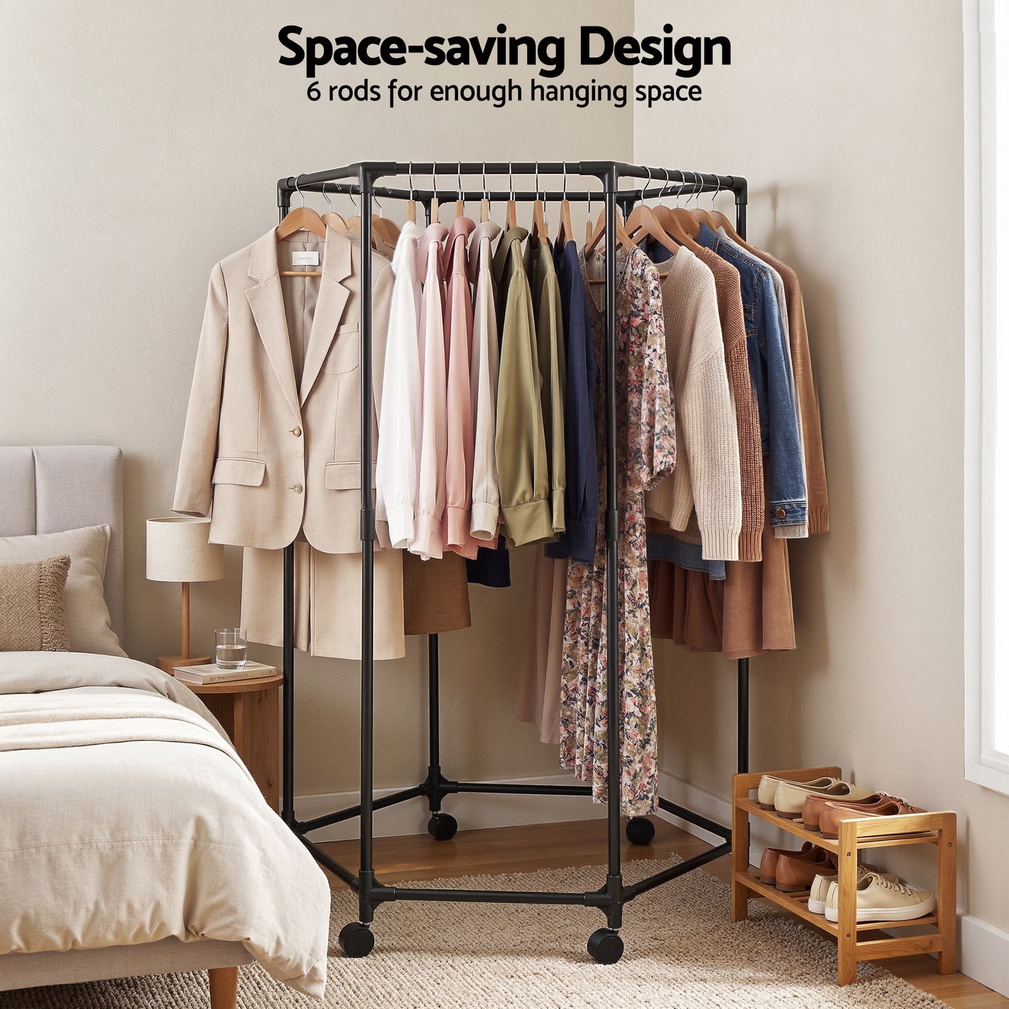 Artiss Clothes Rack Airer Rail Coat Stand Wheels 6 Rods