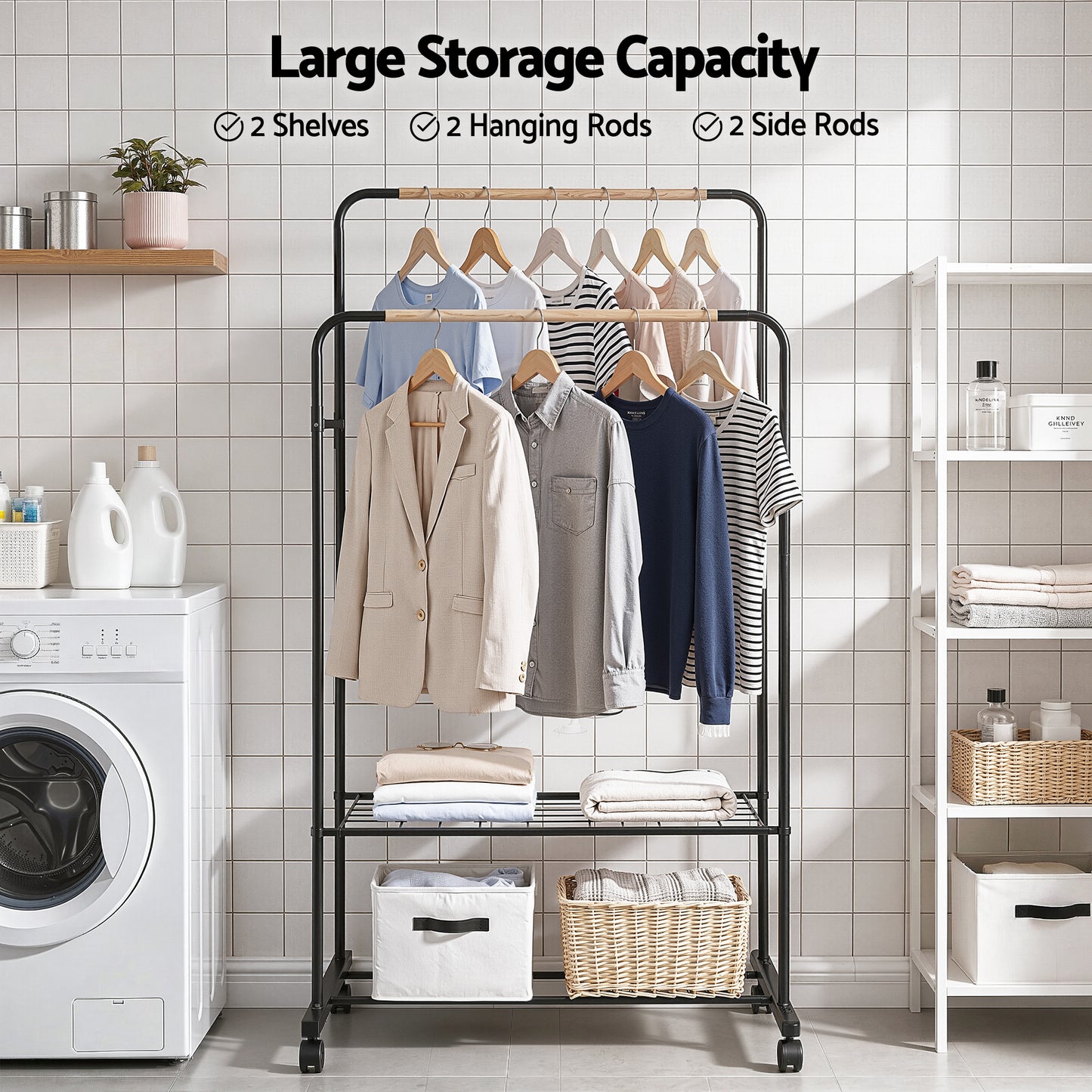 Artiss Clothes Rack Double Rod Airer Rail Coat Stand Hanger Storage Shelf