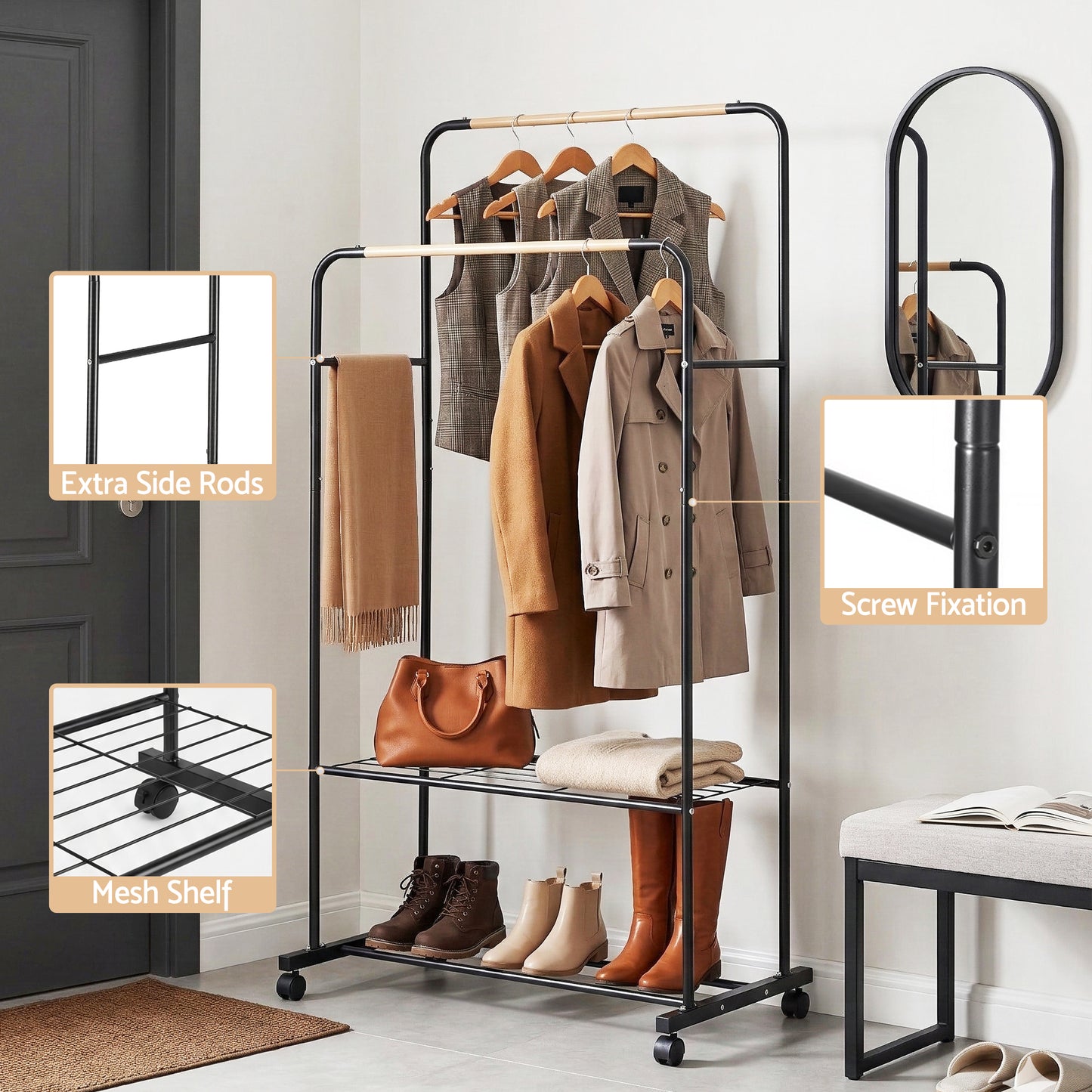 Artiss Clothes Rack Double Rod Airer Rail Coat Stand Hanger Storage Shelf