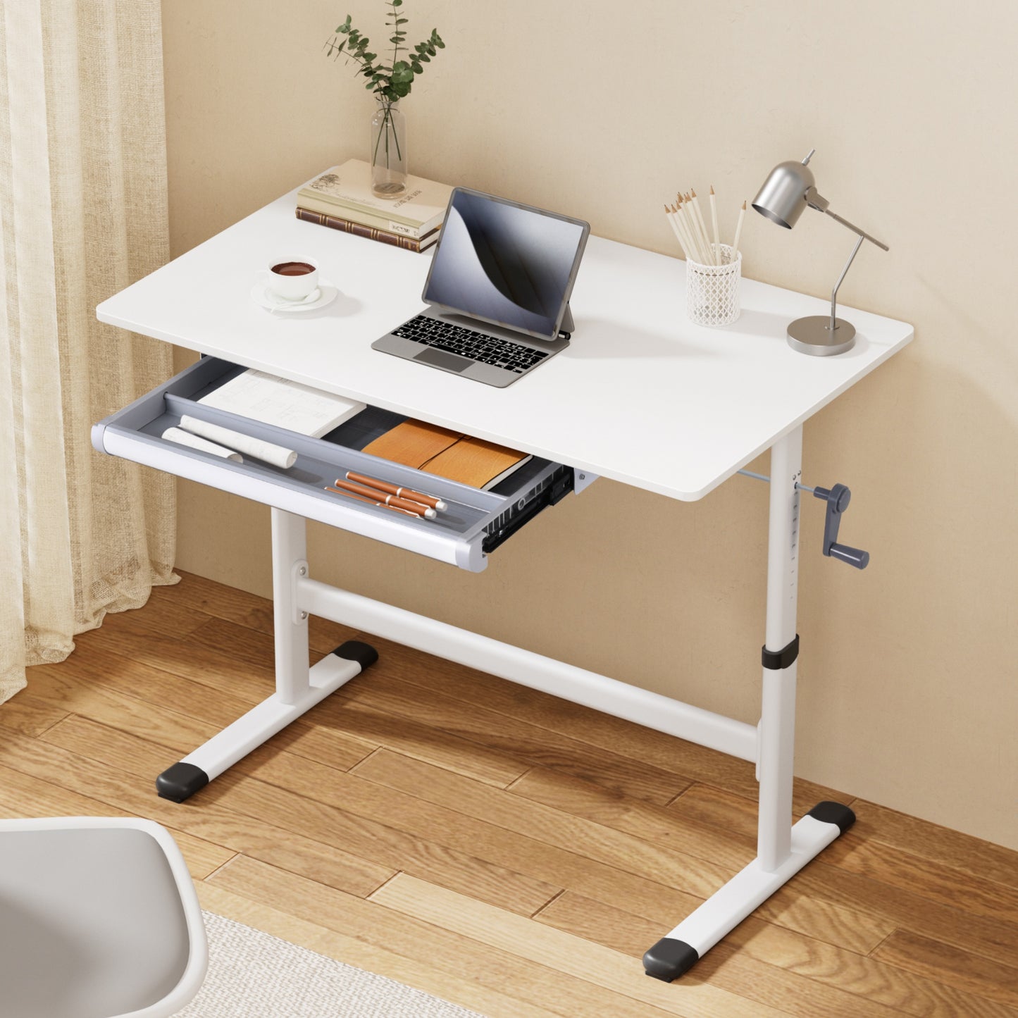 Artiss Manual Standing Desk Height Adjustable Workstation Computer Desks Study 100CM White-6