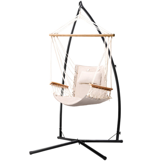 Gardeon Hammock Chair with Steel Stand Armrest Outdoor Hanging Cream-0