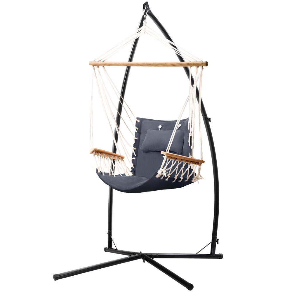 Gardeon Hammock Chair with Steel Stand Armrest Outdoor Hanging Grey-0