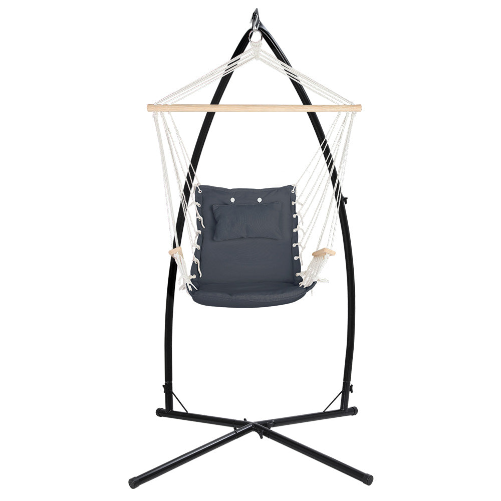 Gardeon Hammock Chair with Steel Stand Armrest Outdoor Hanging Grey-2