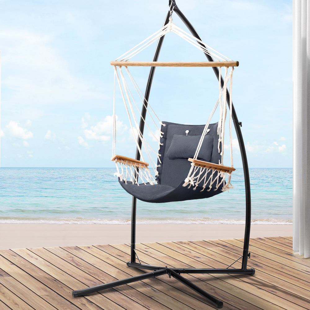 Gardeon Hammock Chair with Steel Stand Armrest Outdoor Hanging Grey-7