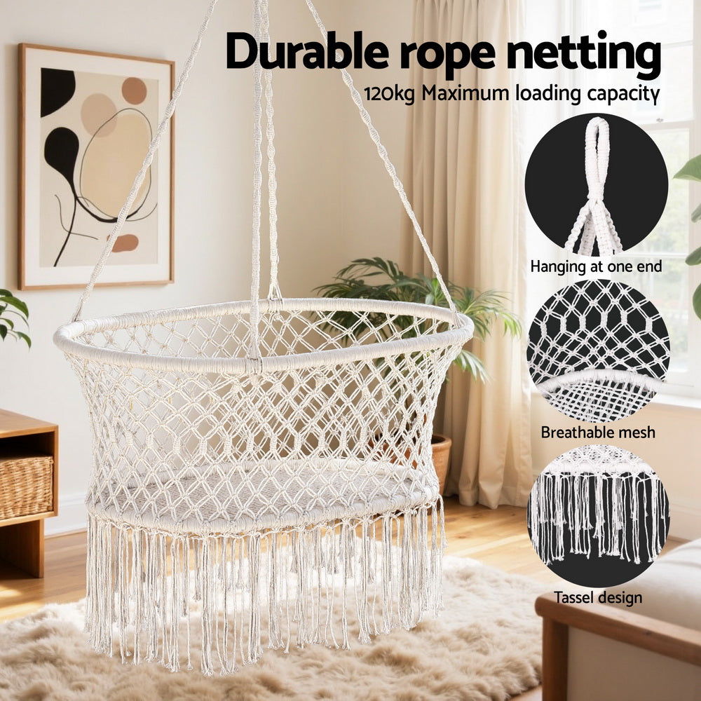 Gardeon Hammock Chair Cotton Swing Chair Outdoor Indoor Cream-3