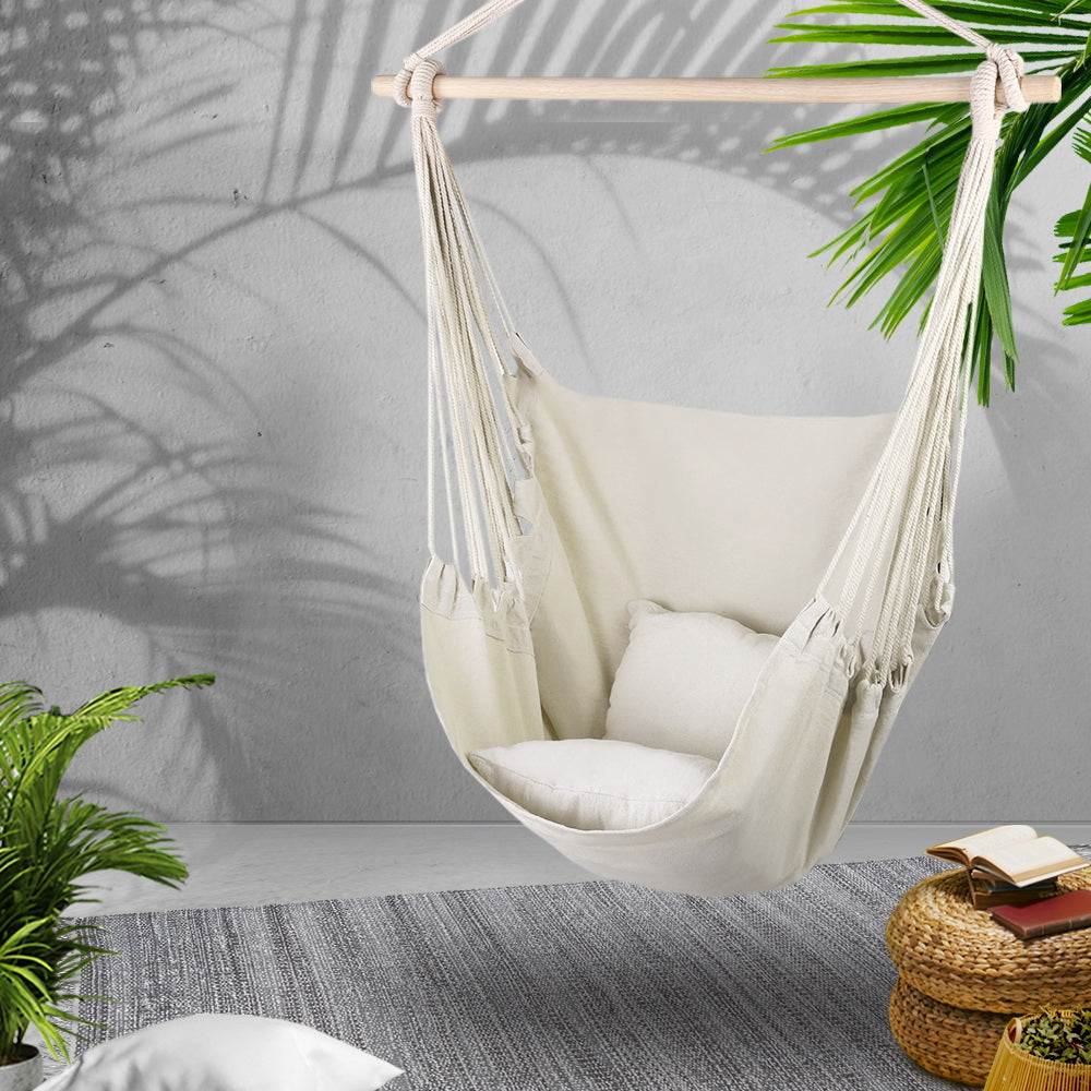 Gardeon Hammock Chair Outdoor Camping Hanging Hammocks Cushion Pillow Cream-7