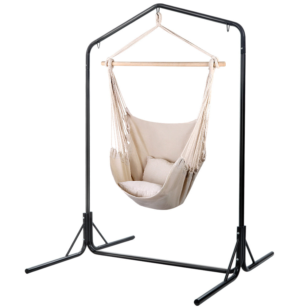 Gardeon Outdoor Hammock Chair with Stand Hanging Hammock with Pillow Cream-0