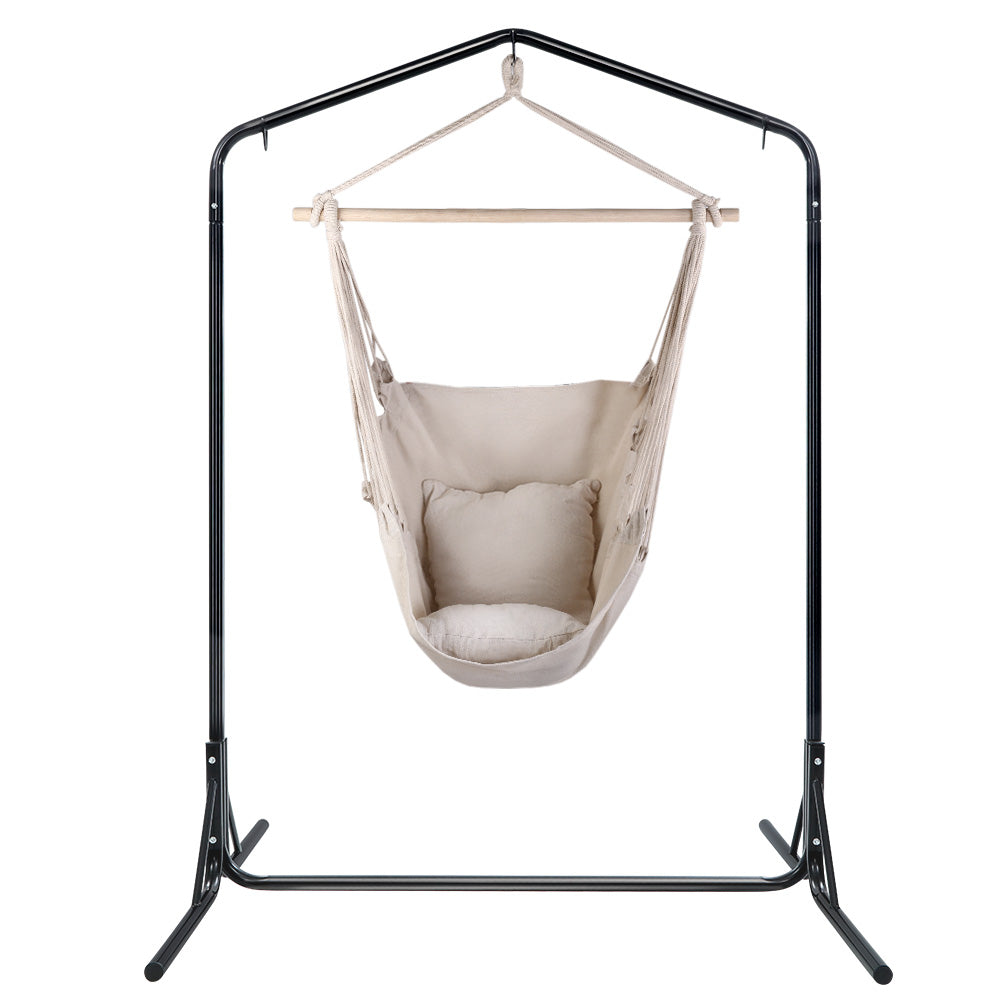Gardeon Outdoor Hammock Chair with Stand Hanging Hammock with Pillow Cream-2