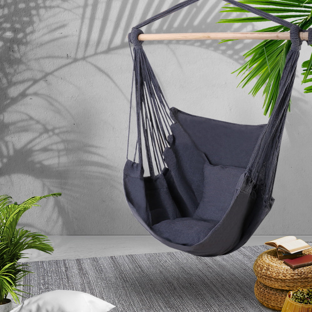 Gardeon Hammock Chair Outdoor Camping Hanging Hammocks Cushion Pillow Grey-6