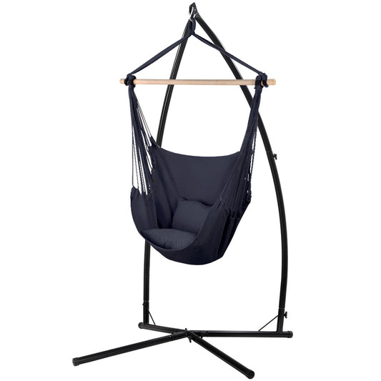 Gardeon Hammock Chair Outdoor Camping Hanging with Steel Stand Grey-0