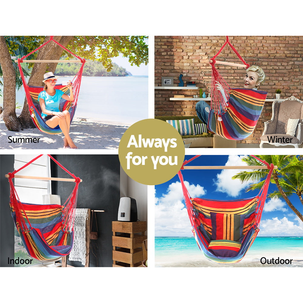 Gardeon Hammock Chair Outdoor Camping Hanging Hammocks Cushion Pillow Rainbow-2