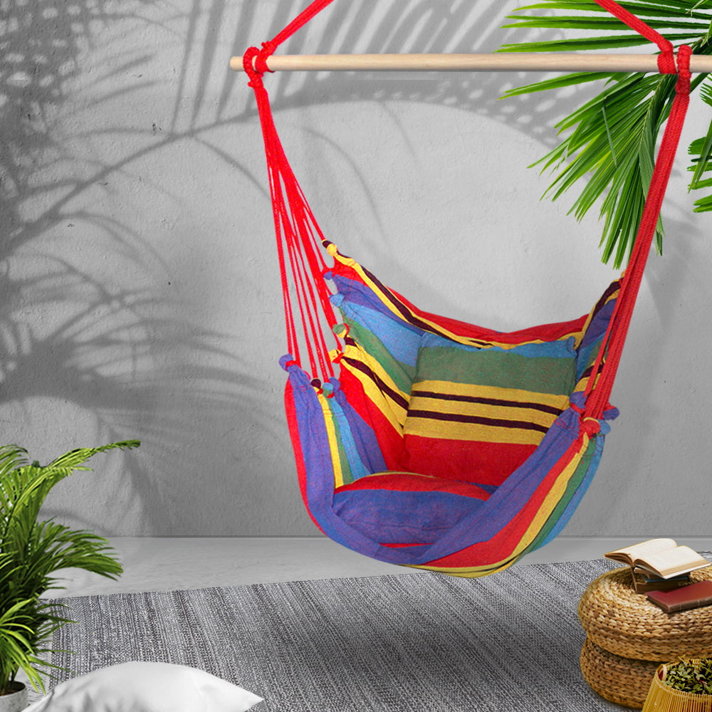 Gardeon Hammock Chair Outdoor Camping Hanging Hammocks Cushion Pillow Rainbow-6