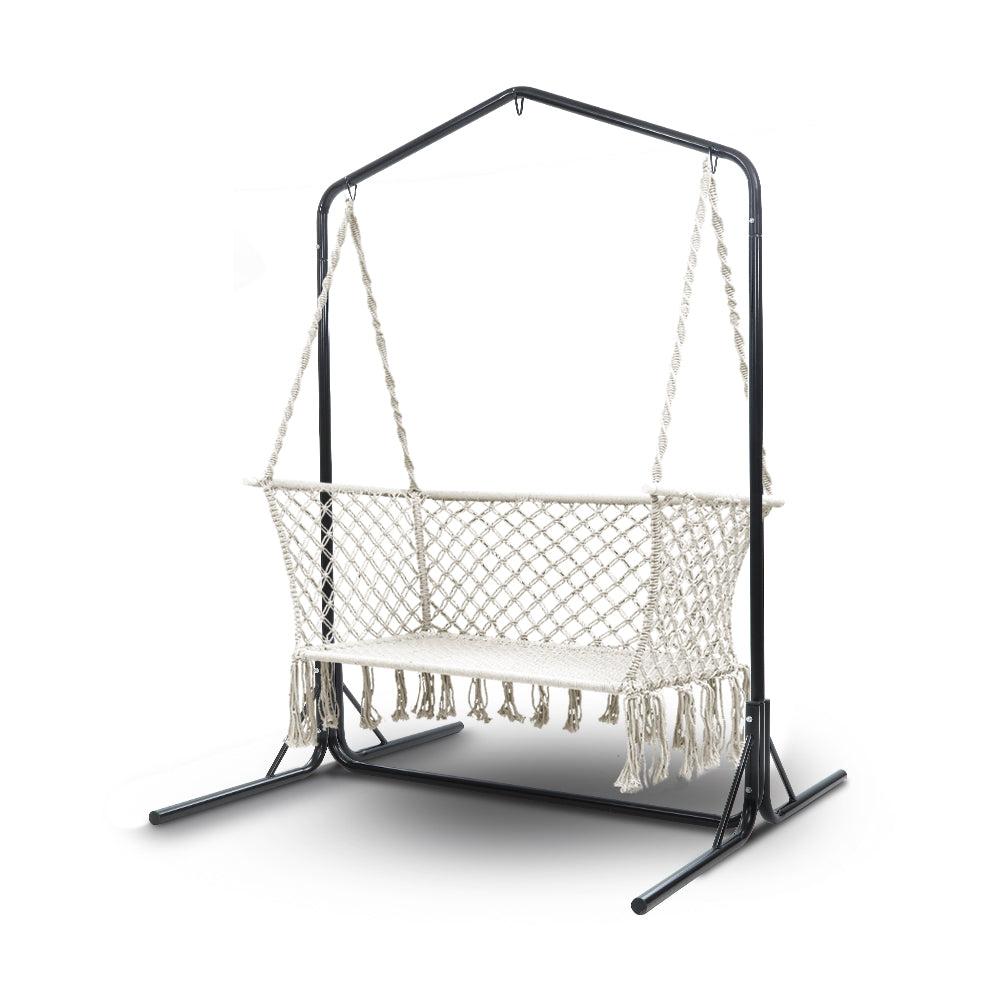 Gardeon Hammock Chair with Stand Macrame Outdoor Garden 2 Seater Cream-0