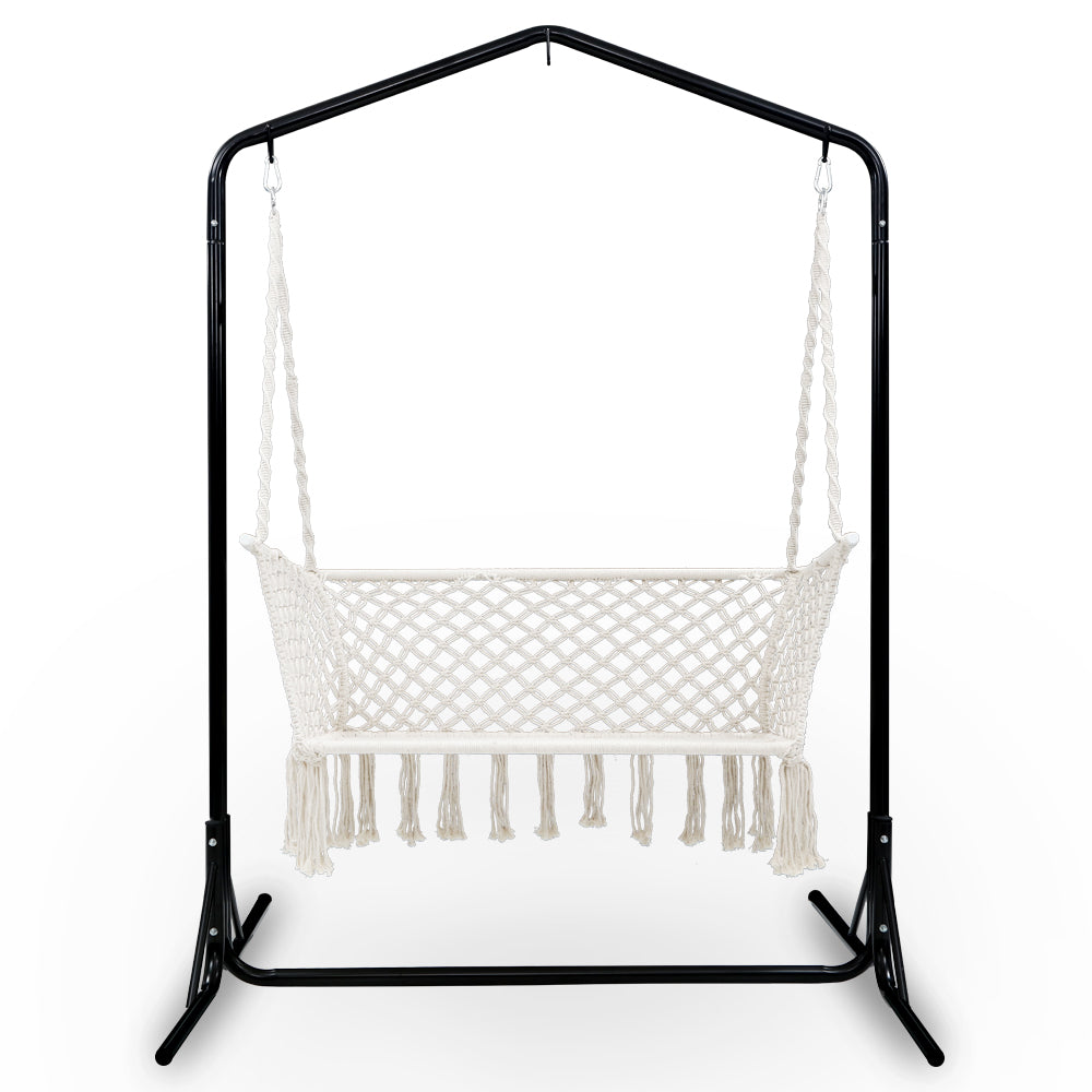 Gardeon Hammock Chair with Stand Macrame Outdoor Garden 2 Seater Cream-1