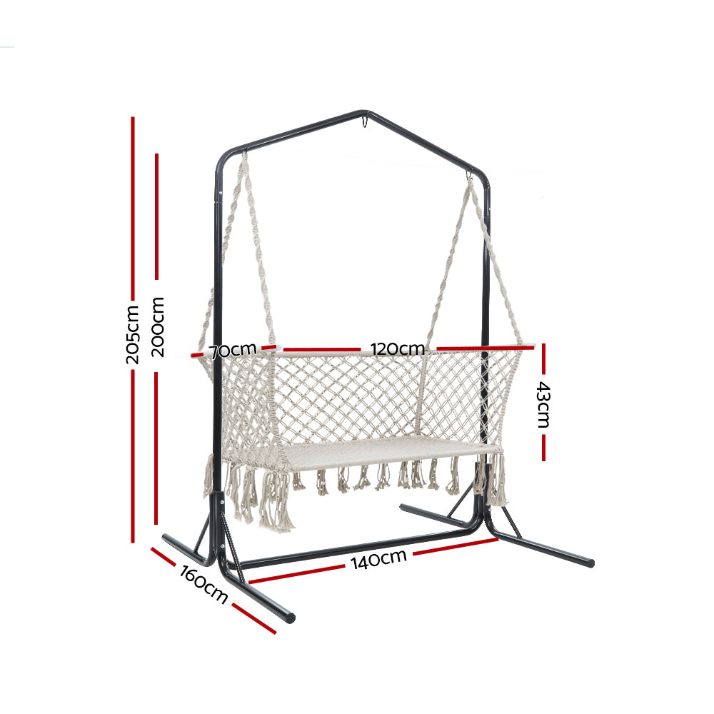 Gardeon Hammock Chair with Stand Macrame Outdoor Garden 2 Seater Cream-2