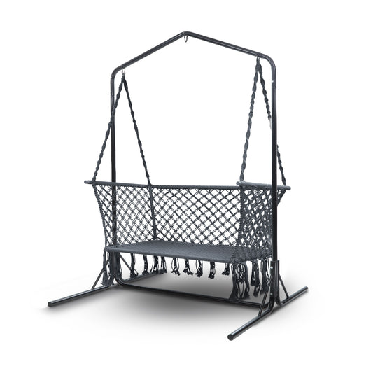 Gardeon Hammock Chair with Stand Macrame Outdoor Garden 2 Seater Grey-0