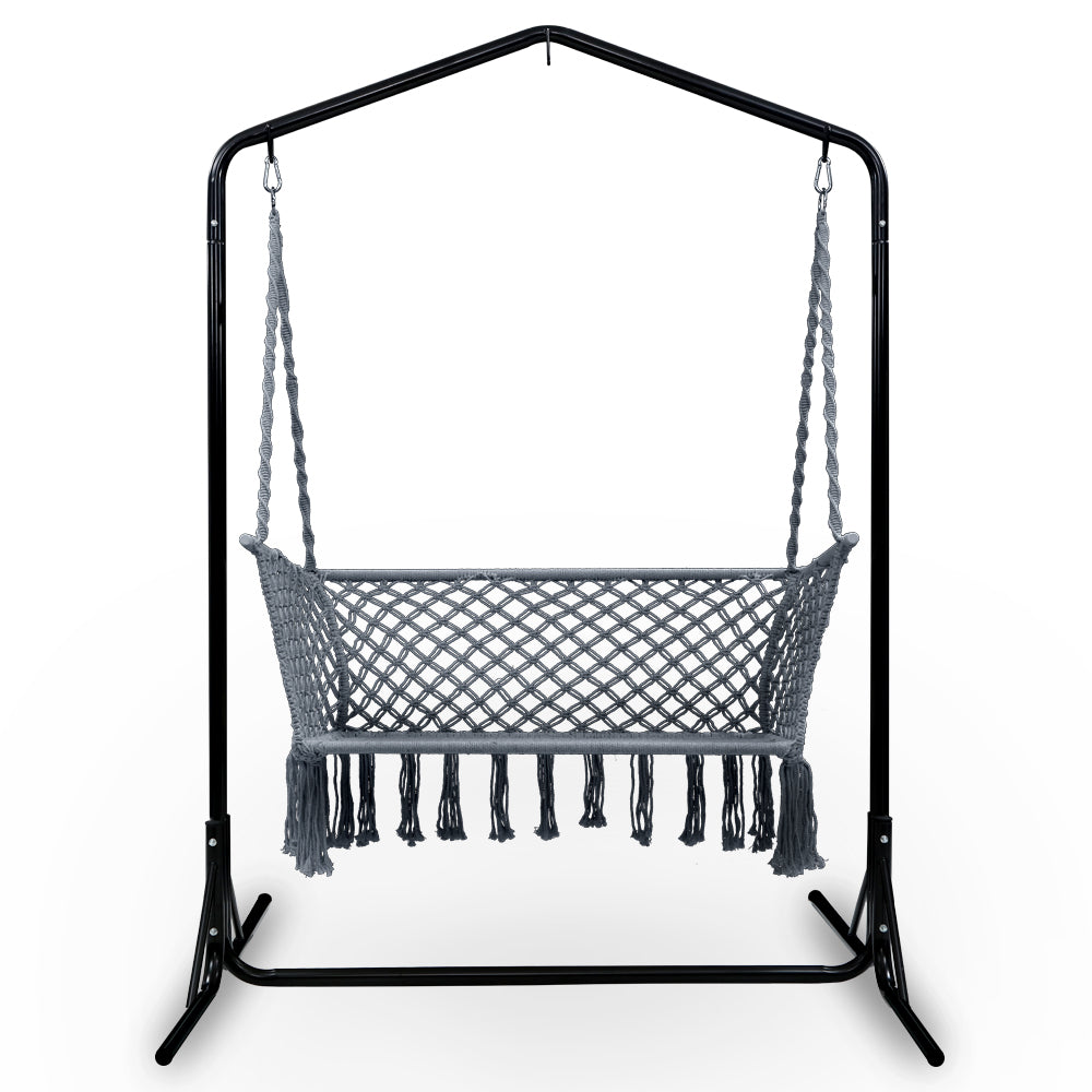 Gardeon Hammock Chair with Stand Macrame Outdoor Garden 2 Seater Grey-1