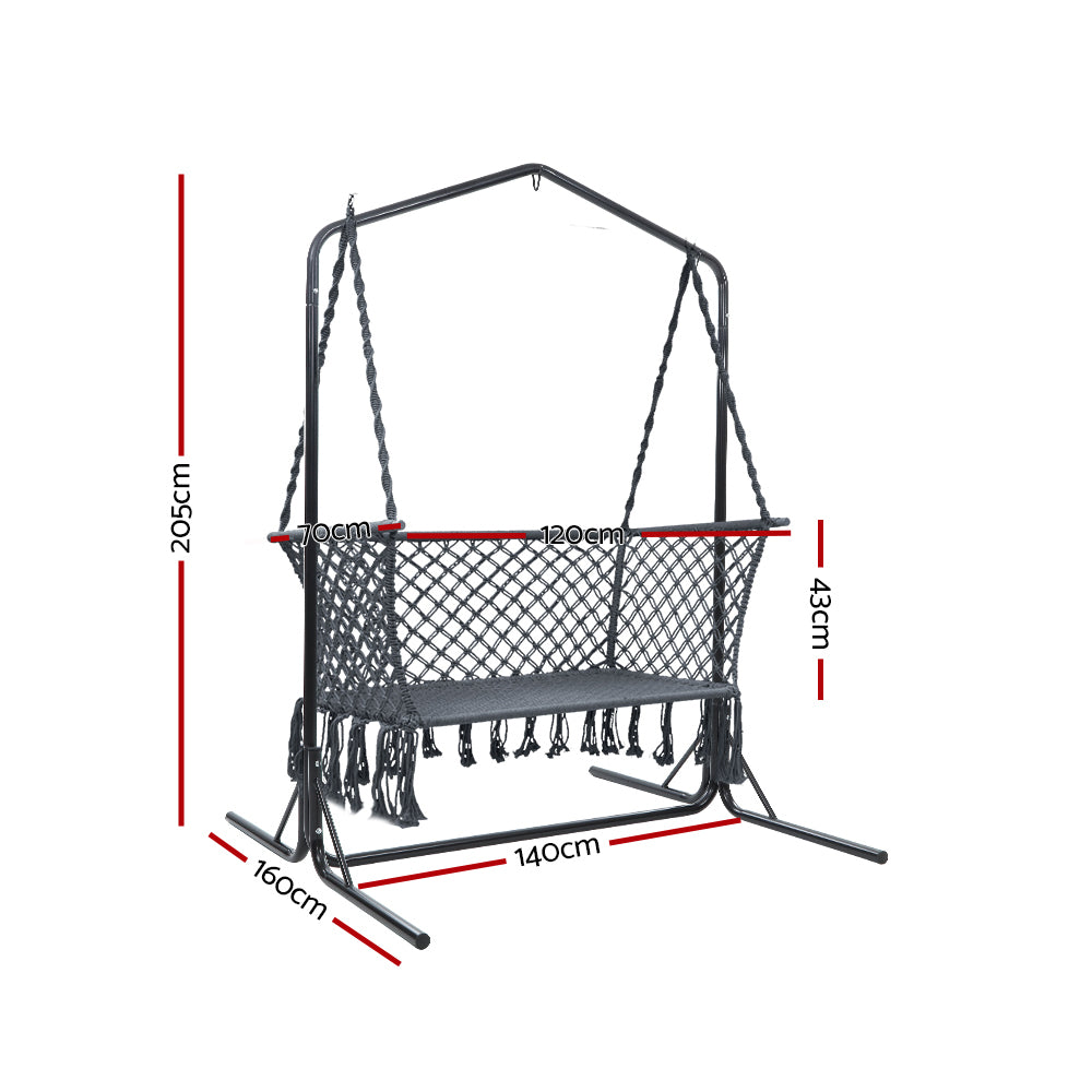 Gardeon Hammock Chair with Stand Macrame Outdoor Garden 2 Seater Grey-2