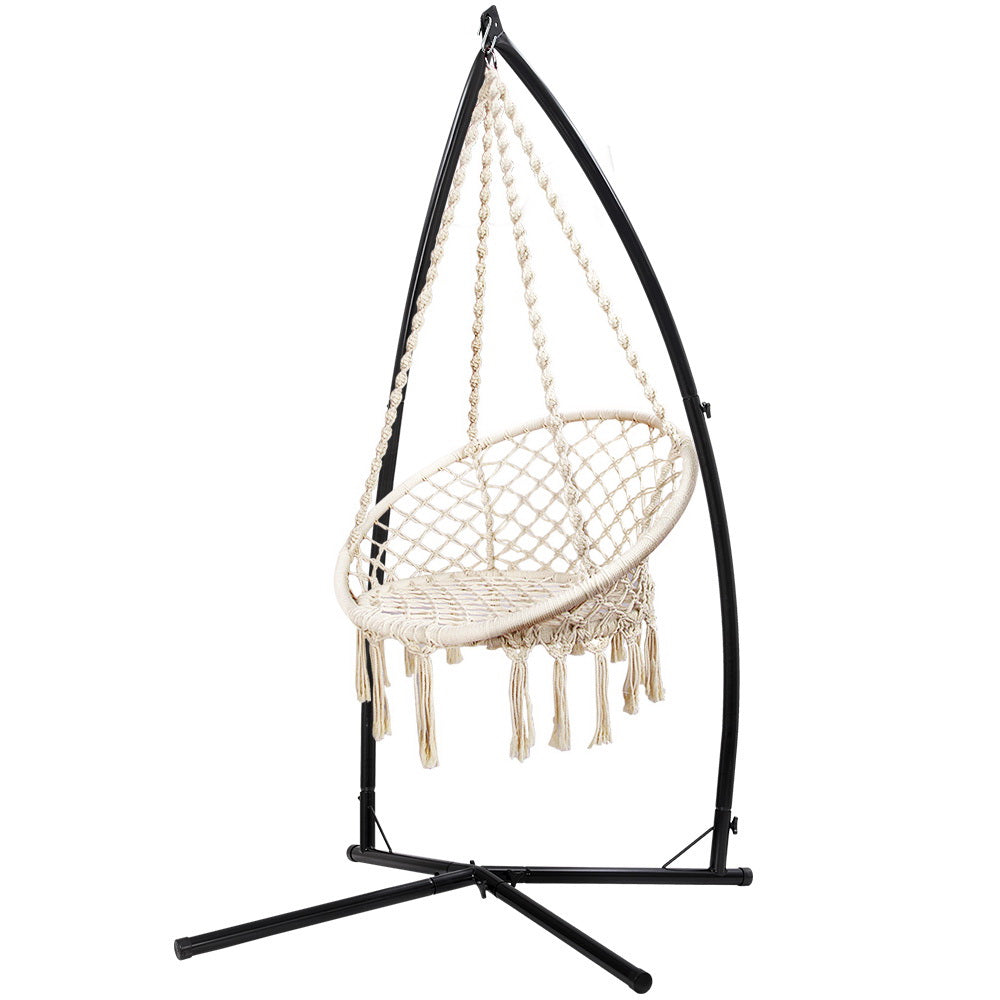 Gardeon Hammock Chair with Steel Stand Macrame Outdoor Swinging Cream-0