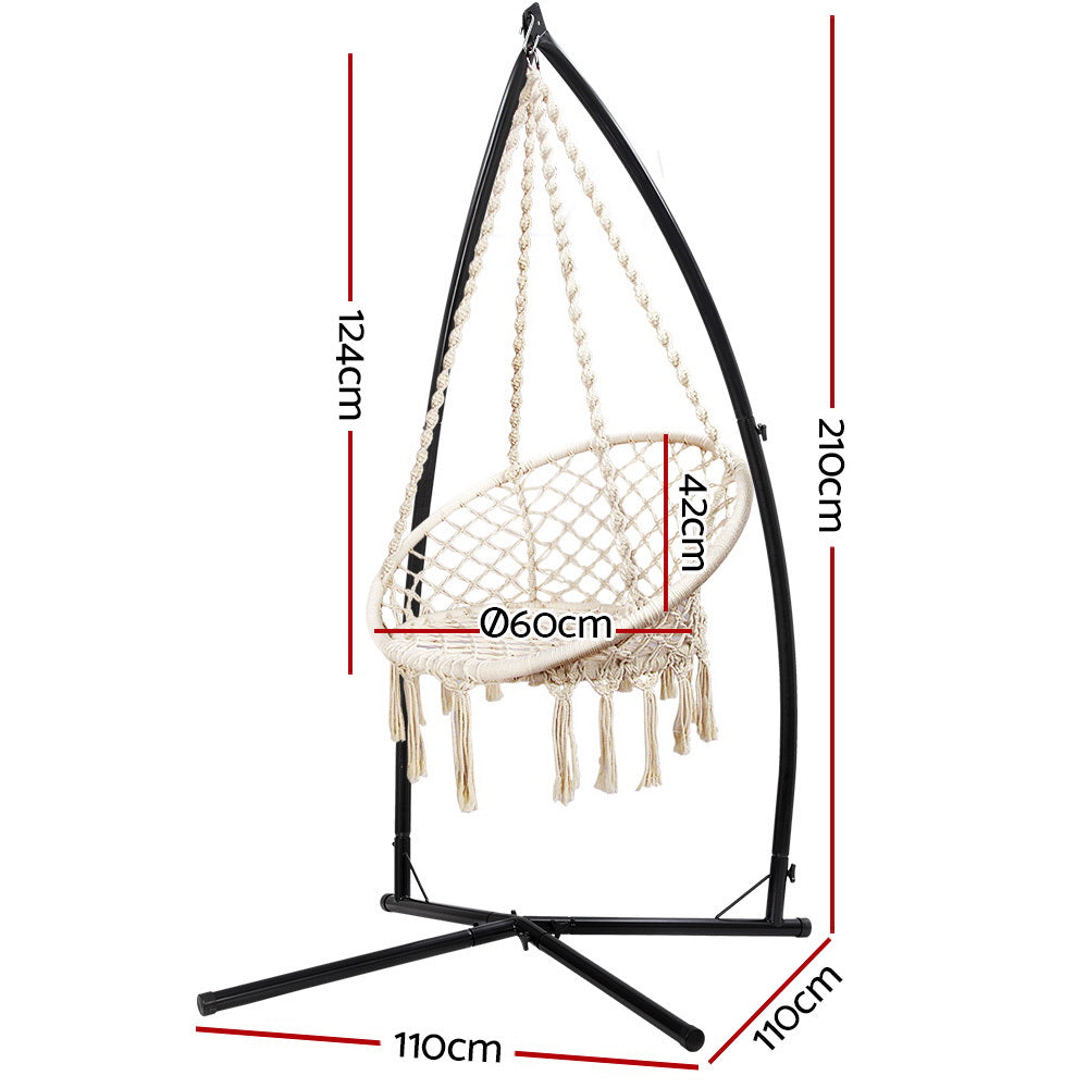 Gardeon Hammock Chair with Steel Stand Macrame Outdoor Swinging Cream-1