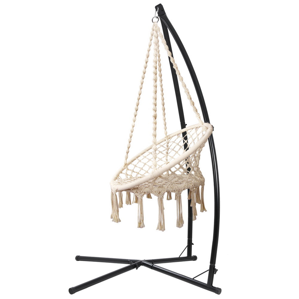 Gardeon Hammock Chair with Steel Stand Macrame Outdoor Swinging Cream-2