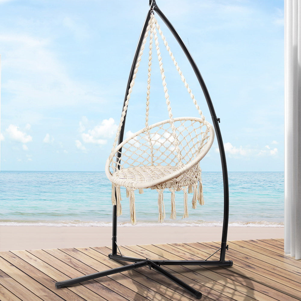 Gardeon Hammock Chair with Steel Stand Macrame Outdoor Swinging Cream-7