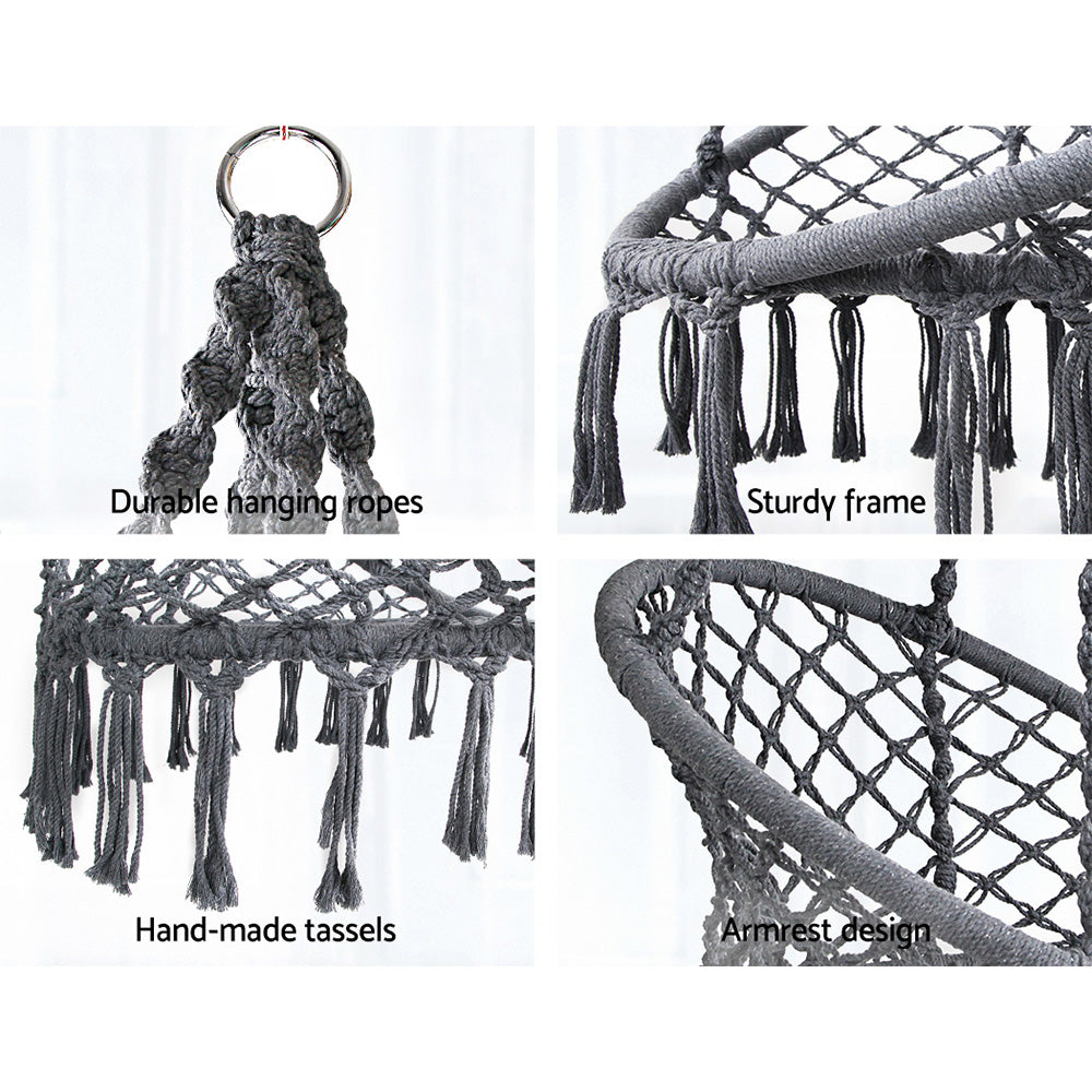 Gardeon Hammock Chair Outdoor Hanging Macrame Cotton Indoor Grey-5