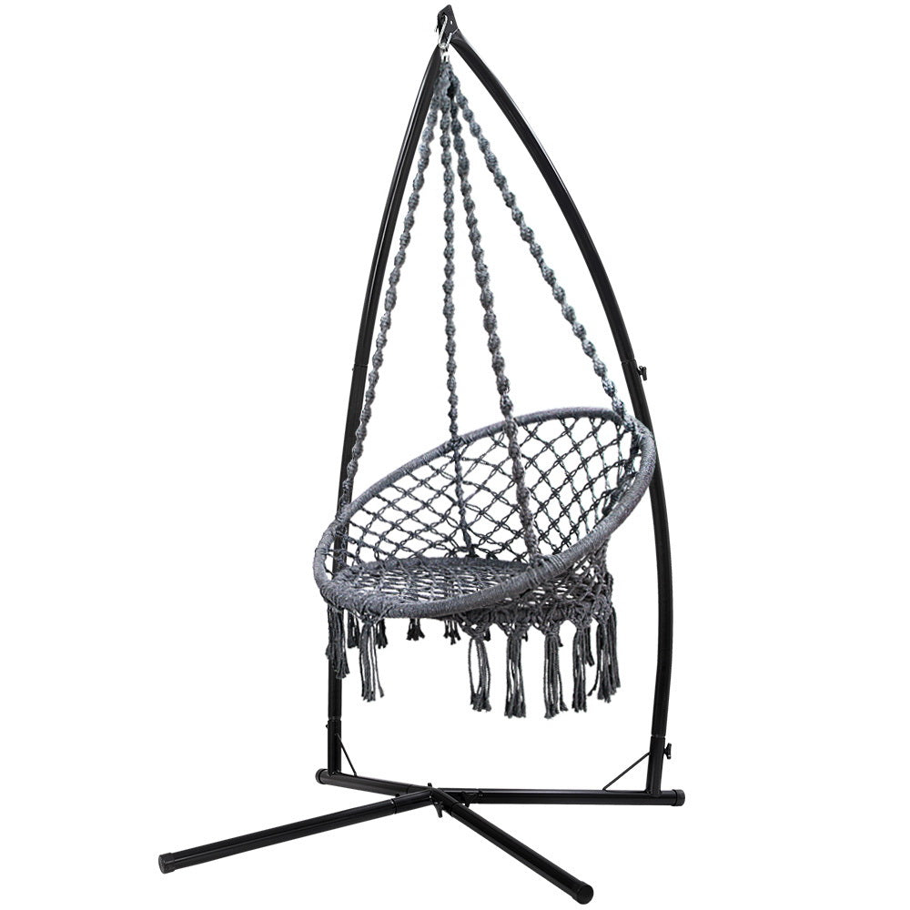 Gardeon Hammock Chair with Steel Stand Macrame Outdoor Swinging Grey-0