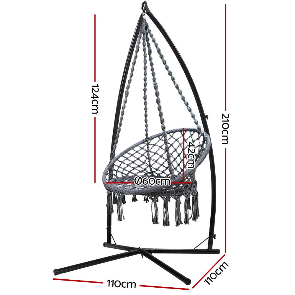 Gardeon Hammock Chair with Steel Stand Macrame Outdoor Swinging Grey-1