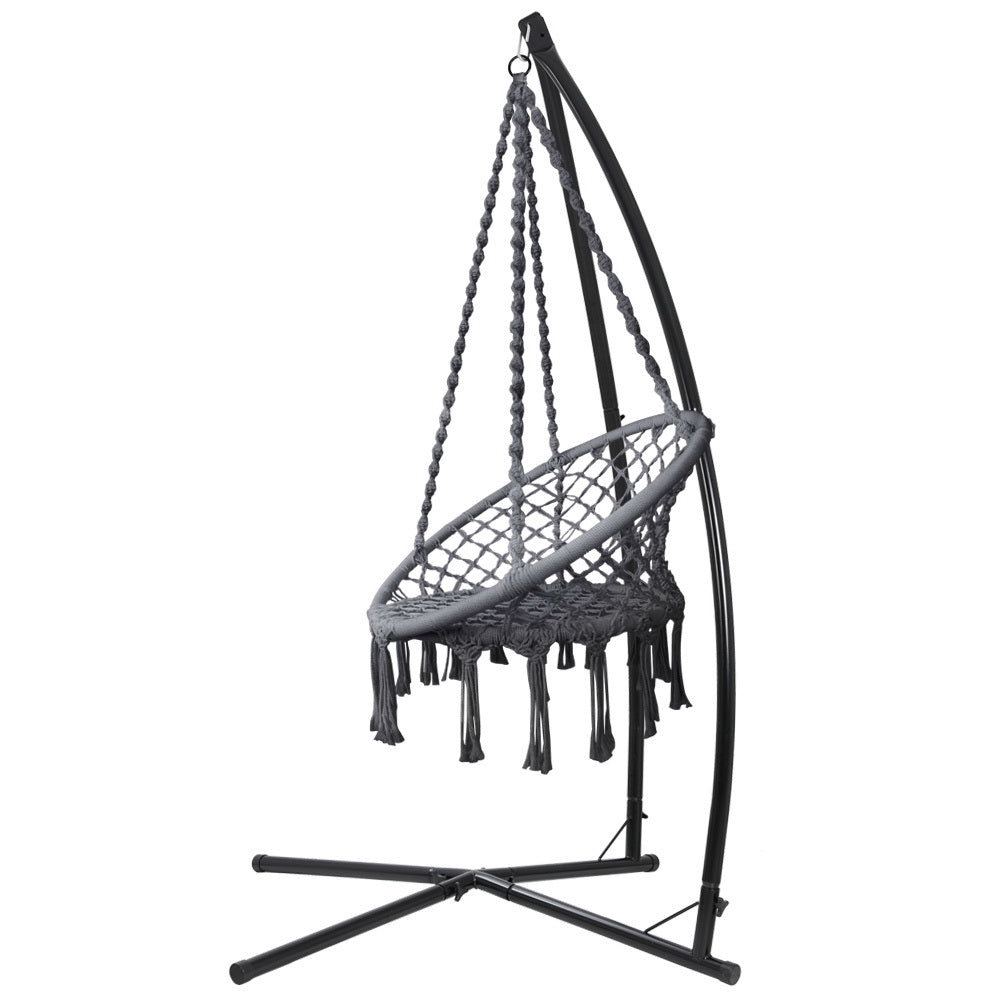 Gardeon Hammock Chair with Steel Stand Macrame Outdoor Swinging Grey-2