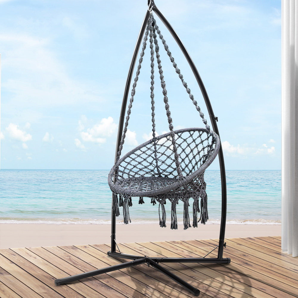 Gardeon Hammock Chair with Steel Stand Macrame Outdoor Swinging Grey-7