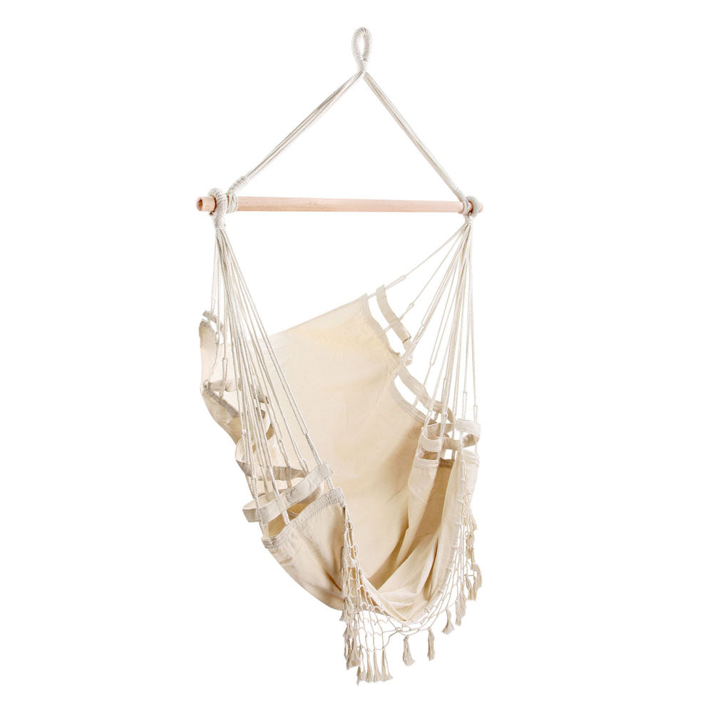 Gardeon Hanging Hammock Chair Outdoor Swing Hammocks Tassel Cream-0