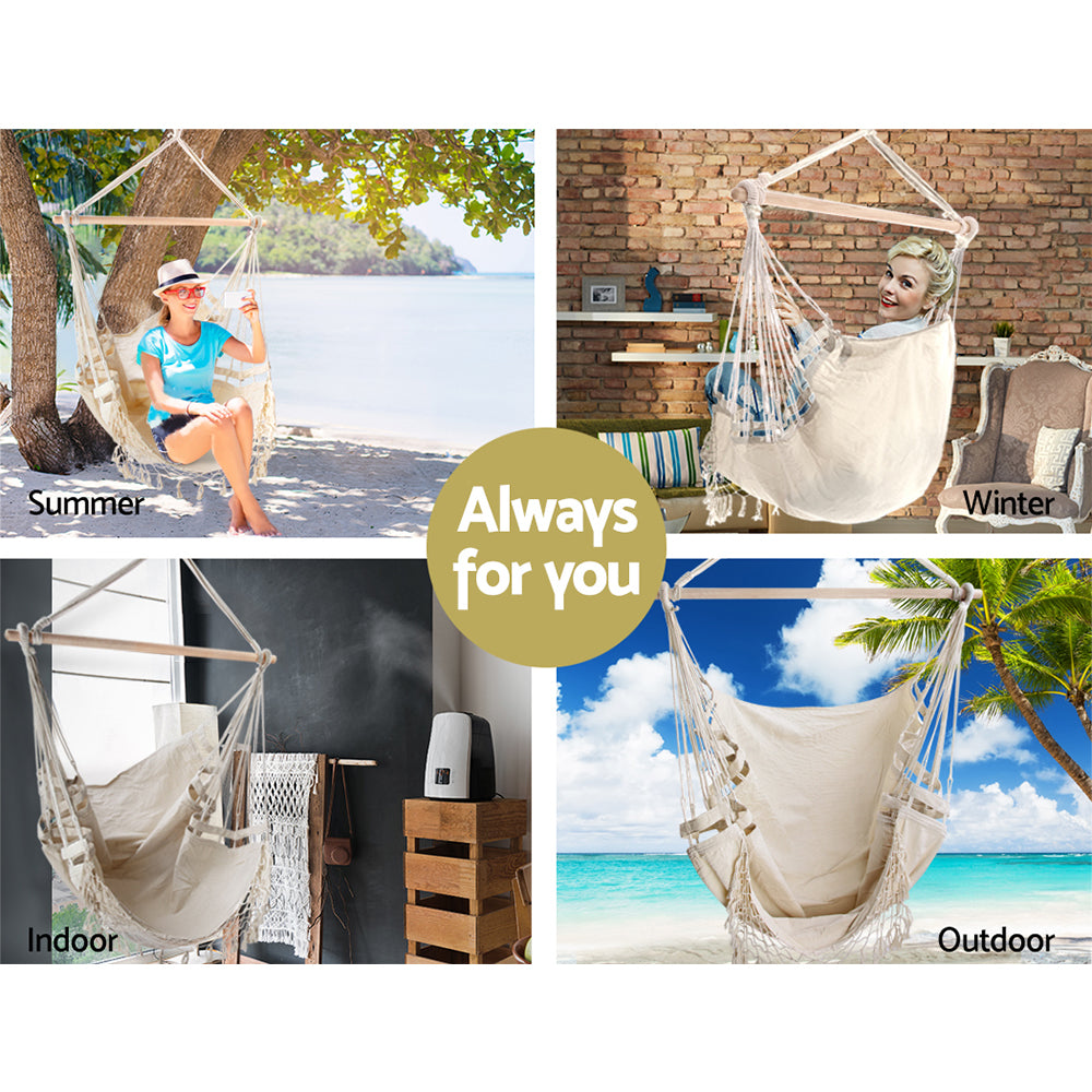 Gardeon Hanging Hammock Chair Outdoor Swing Hammocks Tassel Cream-2