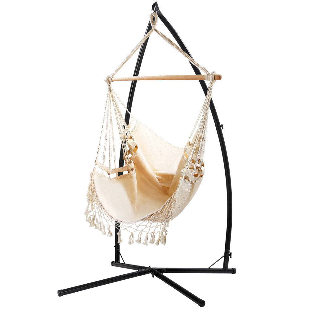 Gardeon Hammock Chair with Steel Stand Hanging Outdoor Tassel Cream-0