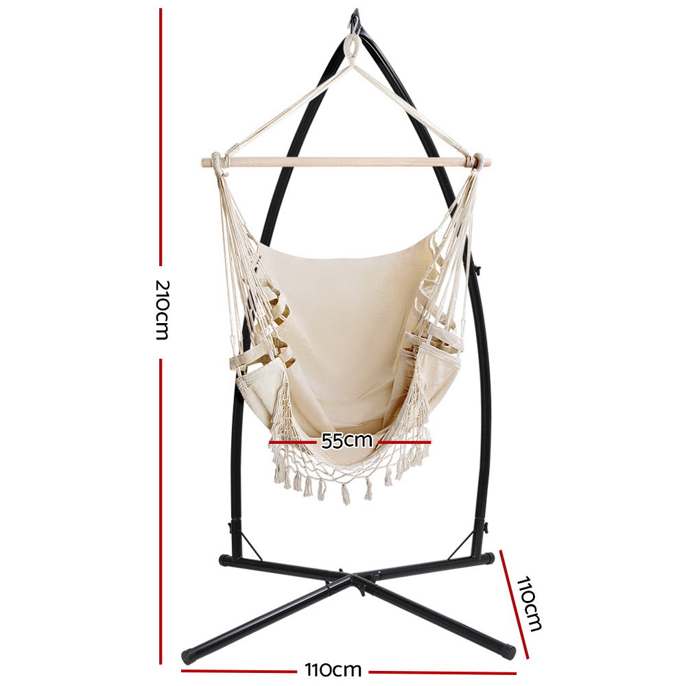 Gardeon Hammock Chair with Steel Stand Hanging Outdoor Tassel Cream-1