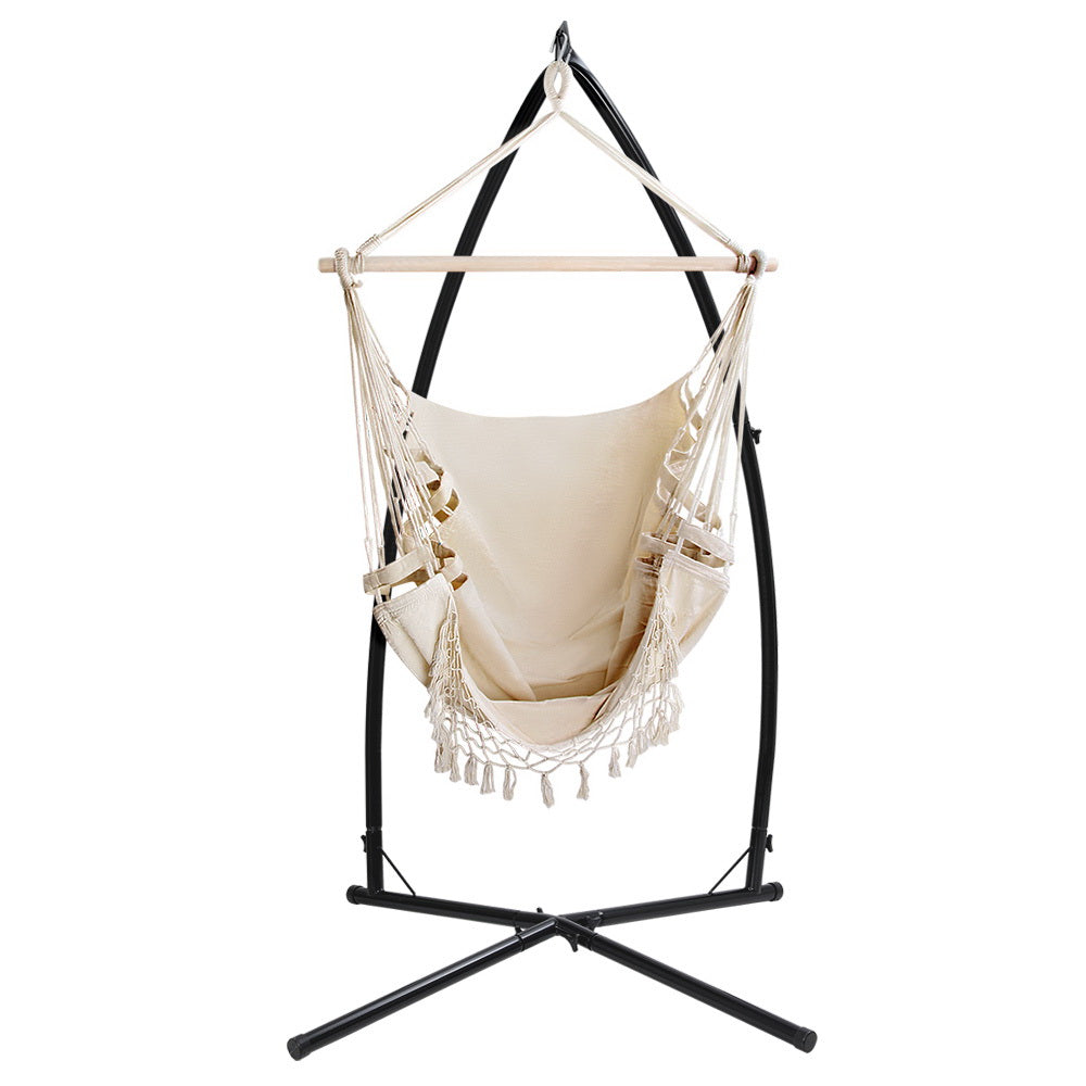 Gardeon Hammock Chair with Steel Stand Hanging Outdoor Tassel Cream-2