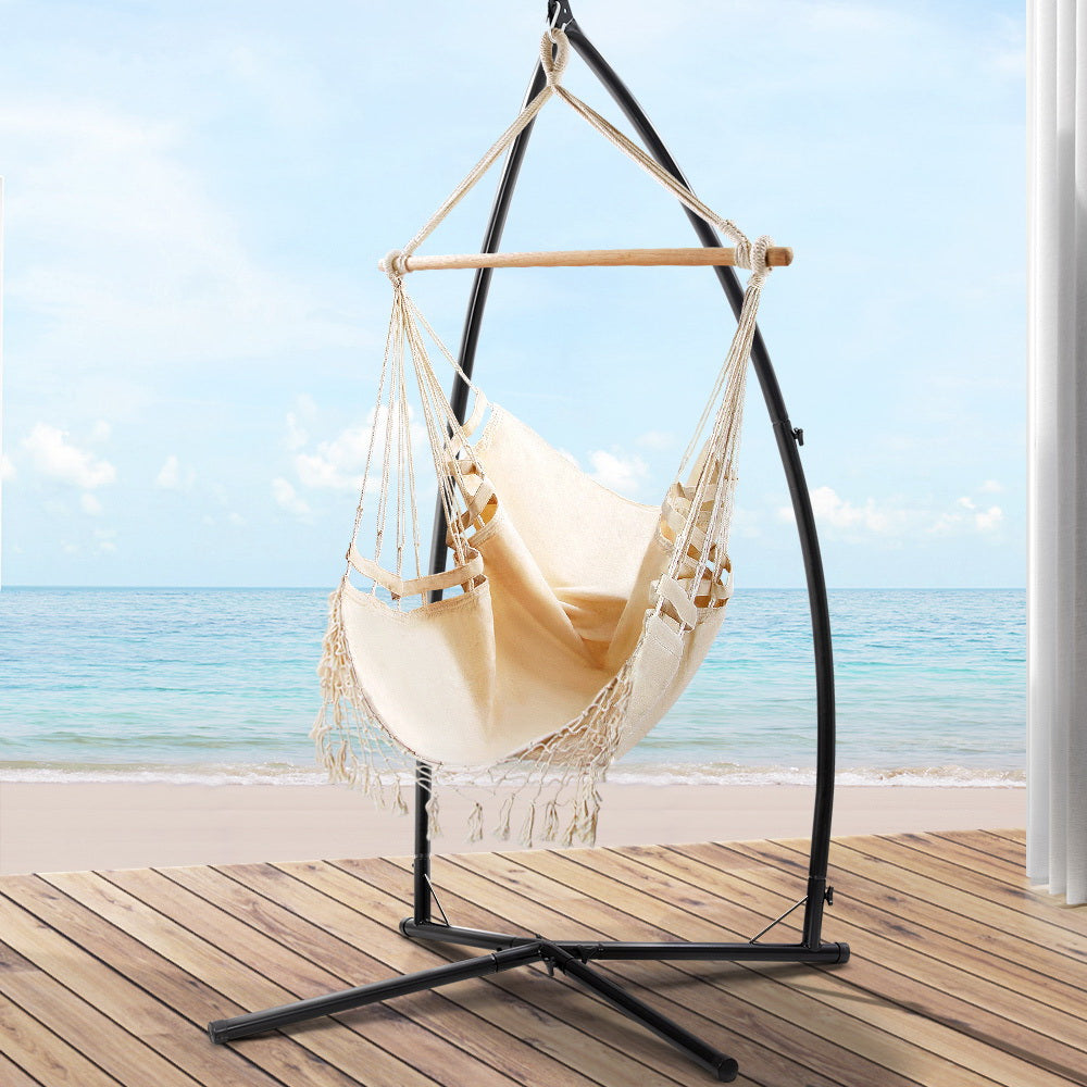 Gardeon Hammock Chair with Steel Stand Hanging Outdoor Tassel Cream-7