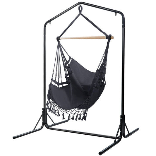 Gardeon Outdoor Hammock Chair with Stand Tassel Hanging Rope Hammocks Grey-0