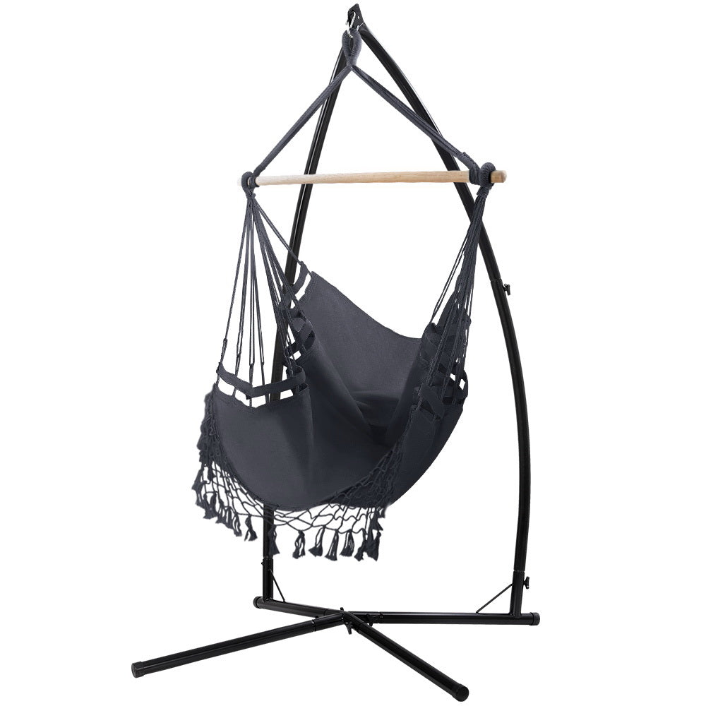 Gardeon Hammock Chair with Steel Stand Hanging Outdoor Tassel Grey-0