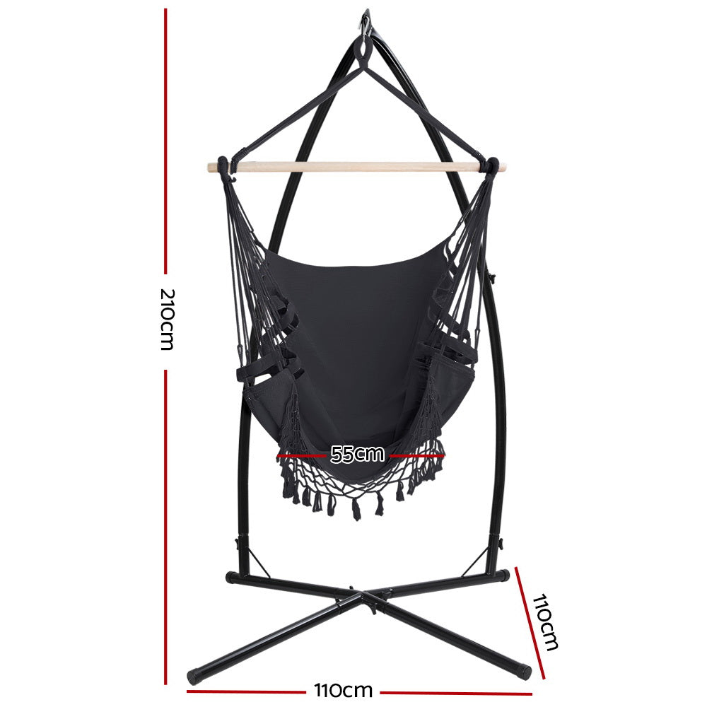 Gardeon Hammock Chair with Steel Stand Hanging Outdoor Tassel Grey-1